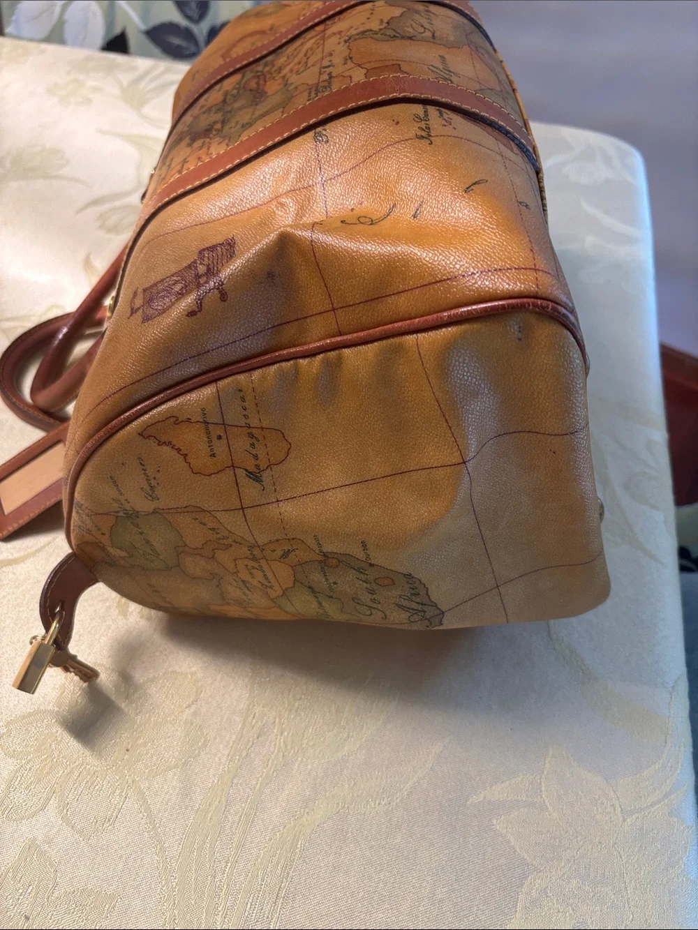 Alviero Martini Tan and Brown Geo-Print Leather Duffel